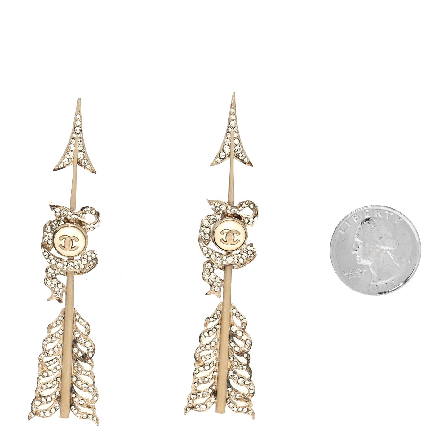 Crystal Pearl CC Arrow Clip On Earrings Gold