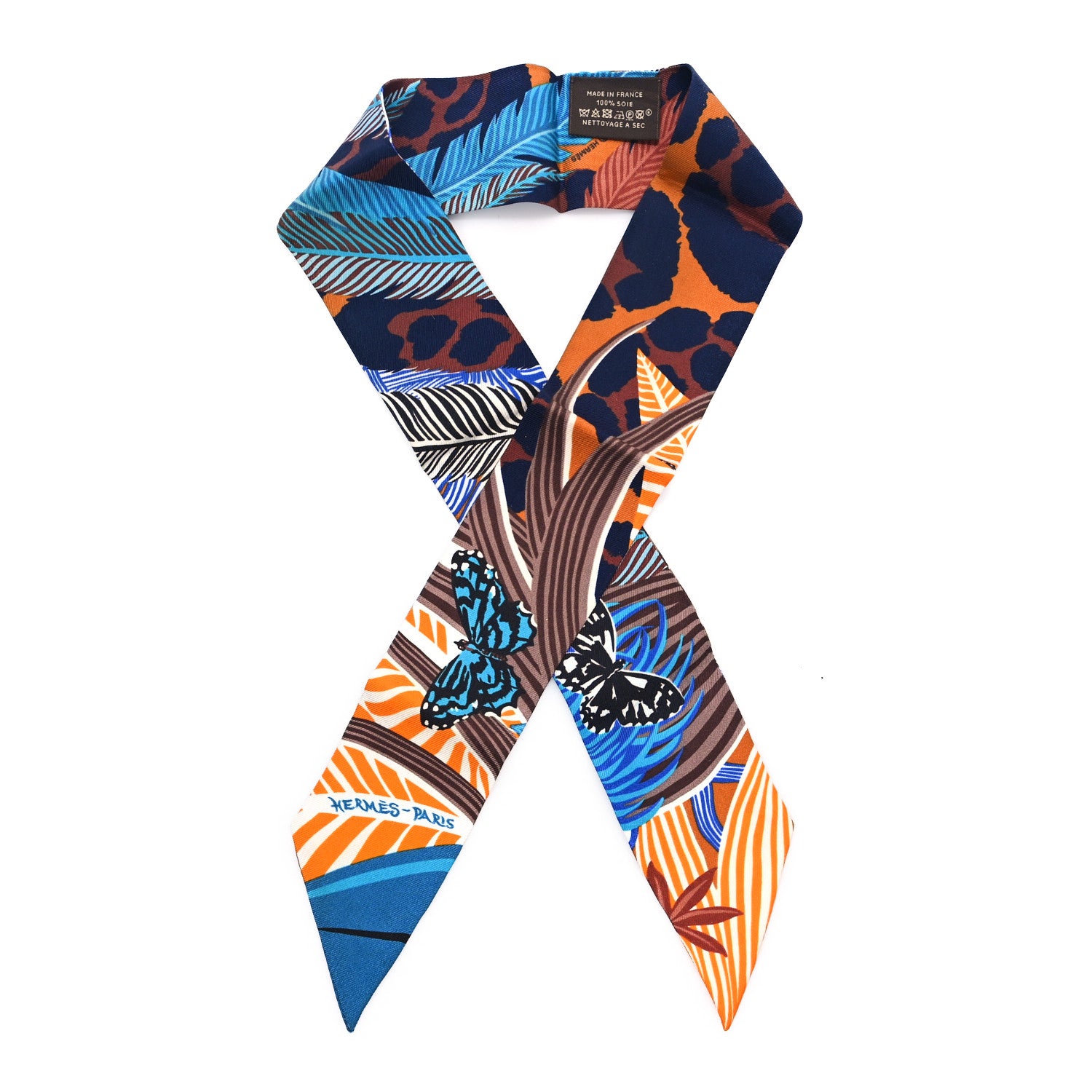 Hermes Silk Jaguar Quetzal Twilly Brun Bleu Orange 1 of 4