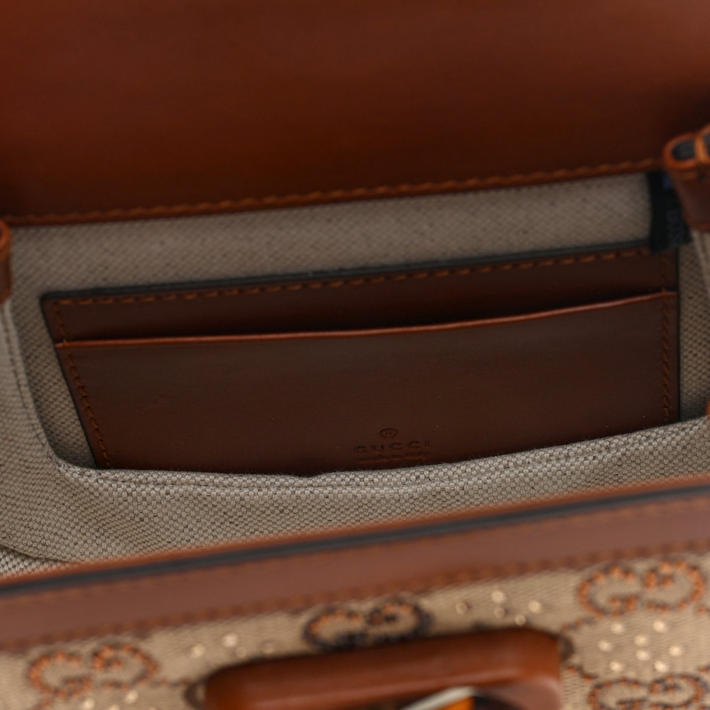 New Canvas Charisma Calfskin Crystal GG Monogram Small Bamboo 1947 Top Handle Bag Camel Ebony