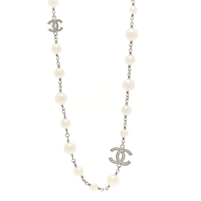 Chanel Graduated Pearl Crystal CC Long Necklace Silver 1 of 7