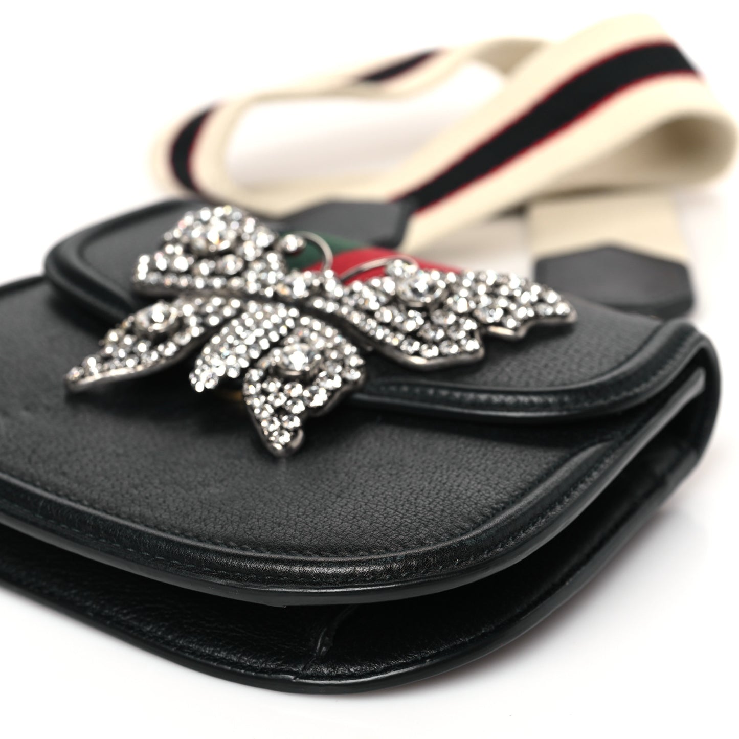 Calfskin Web Crystal Butterfly Stripe Small Totem Shoulder Bag Black