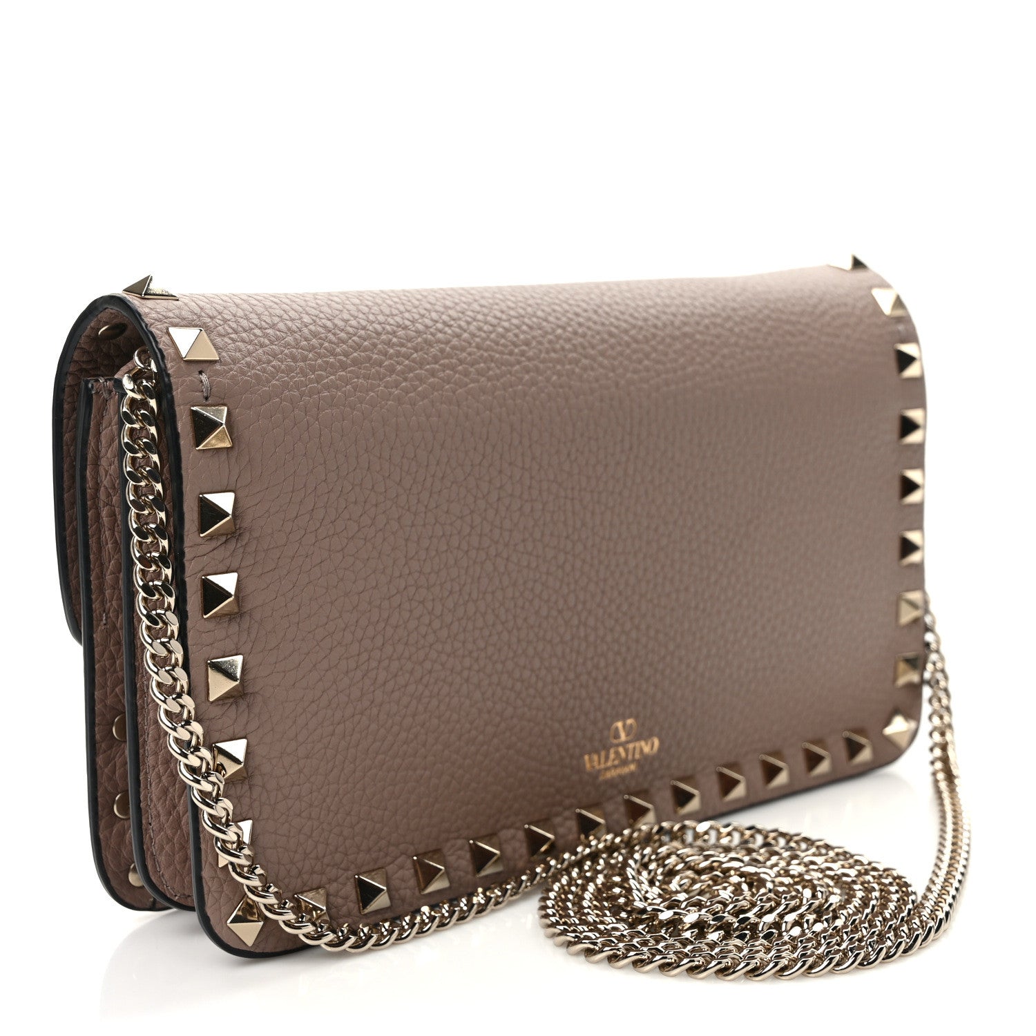 Valentino Garavani Pebbled Calfskin Rockstud Flap Wallet On Chain Poudre 3 of 9