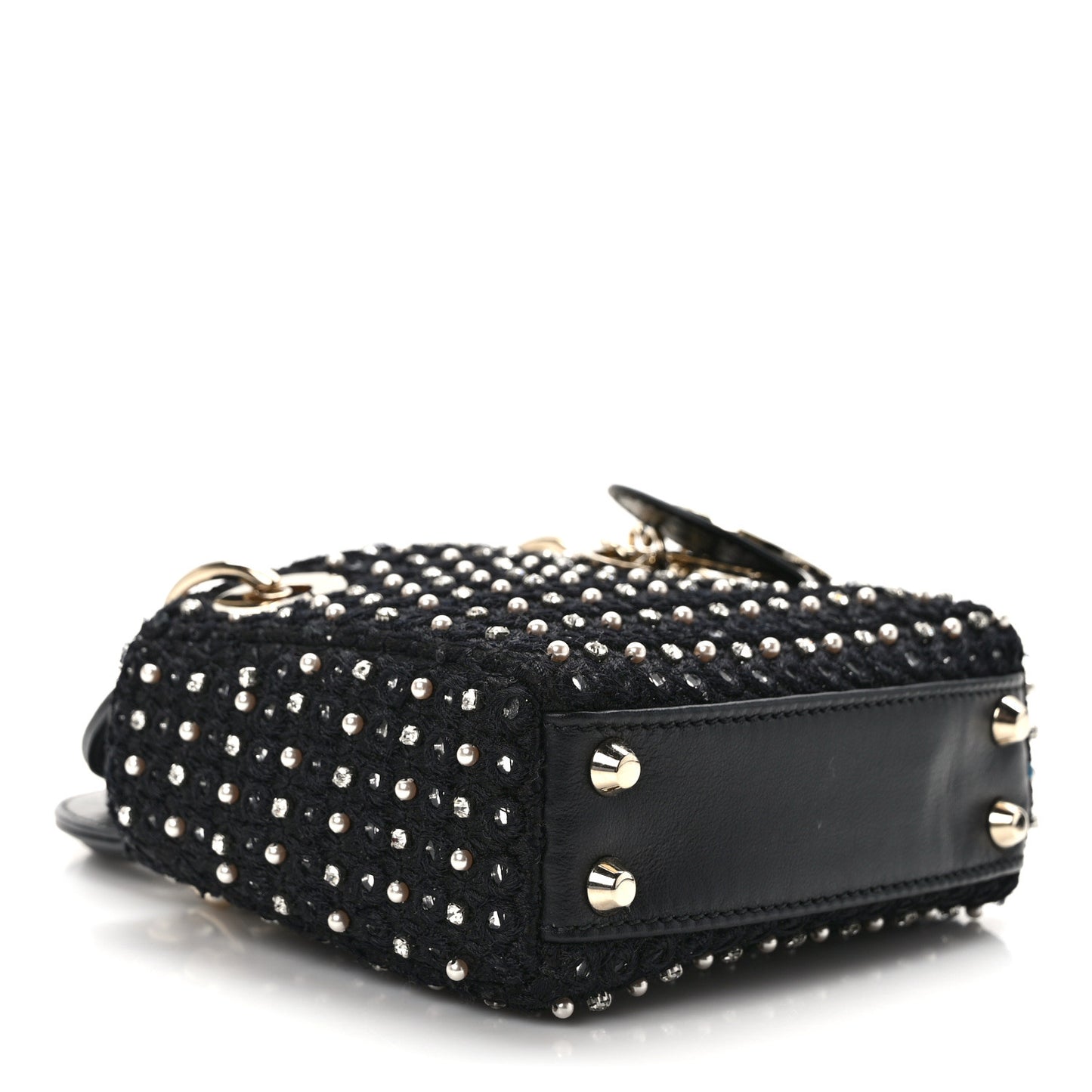 Fabric Embroidered Crystal Pearl Mirror Micro Lady Dior Black