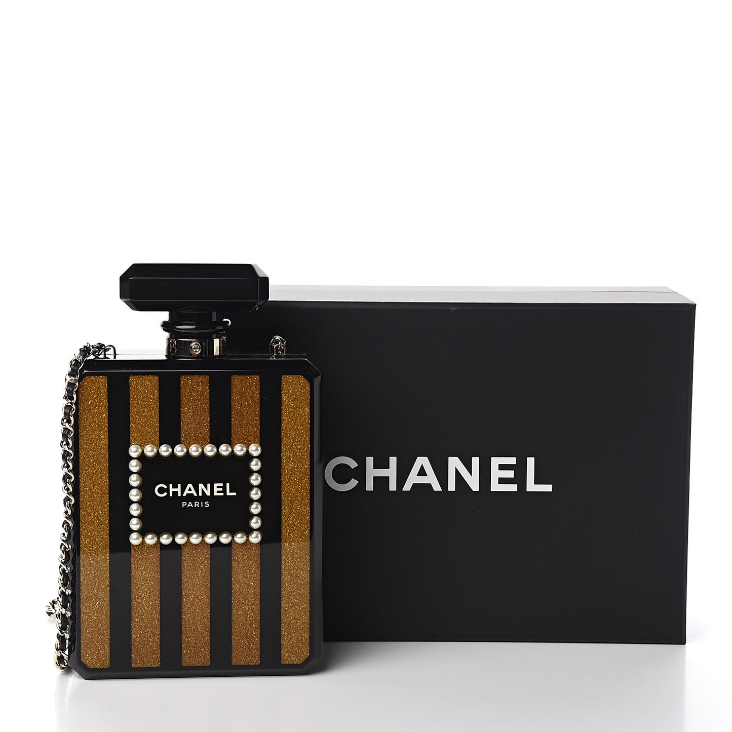 Plexiglass Perfume Bottle Clutch Black Gold