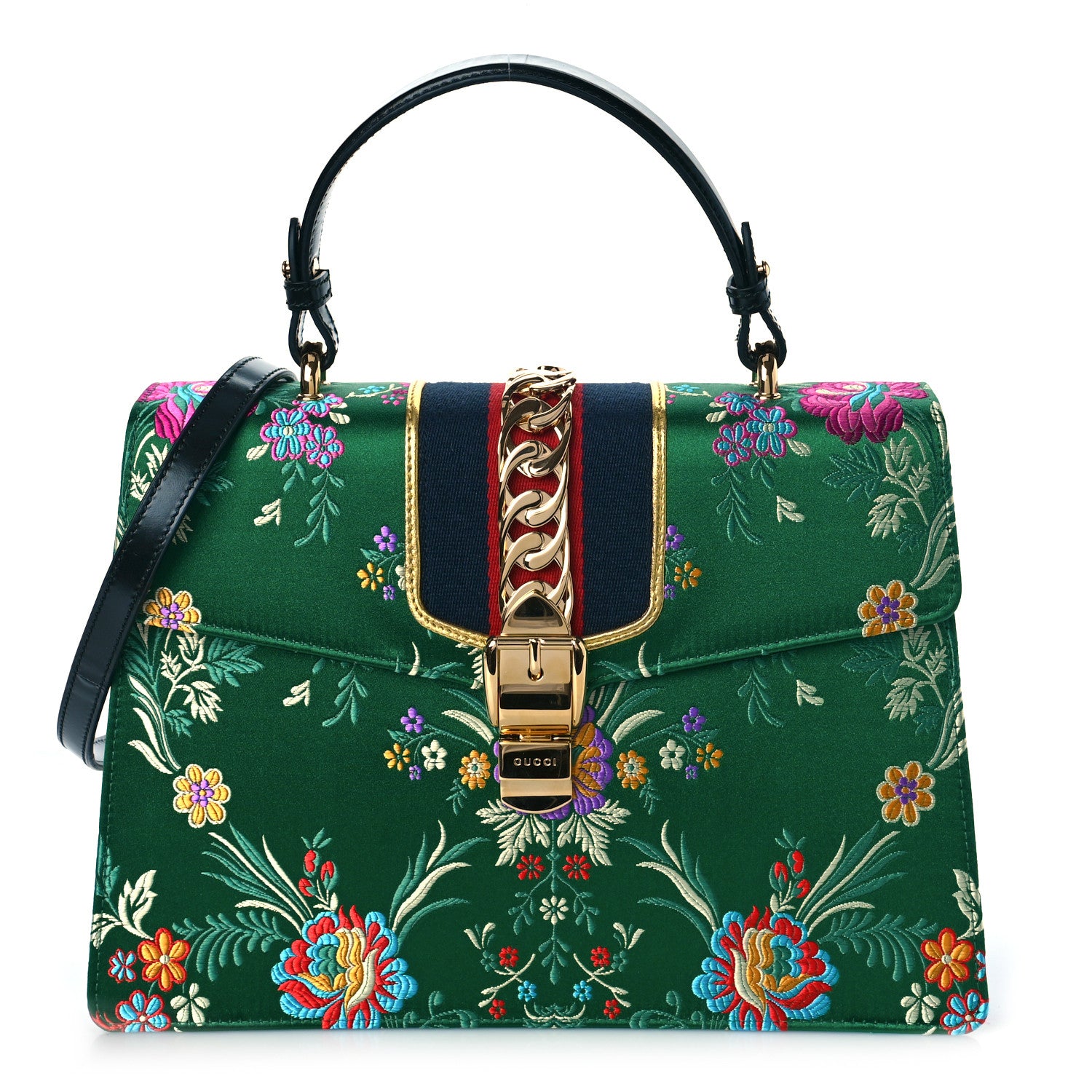 Gucci Jacquard Floral Medium Sylvie Top Handle Bag Green Multicolor Black 2 of 9