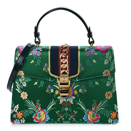Gucci Jacquard Floral Medium Sylvie Top Handle Bag Green Multicolor Black 2 of 9