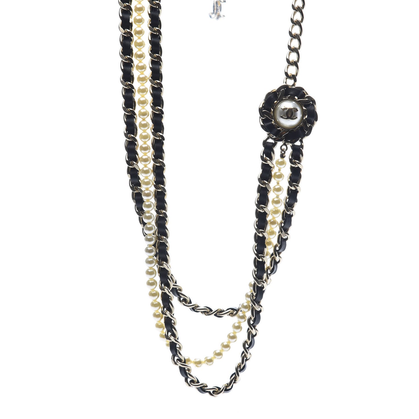 Pearl Calfskin CC Chain Necklace Black Gold