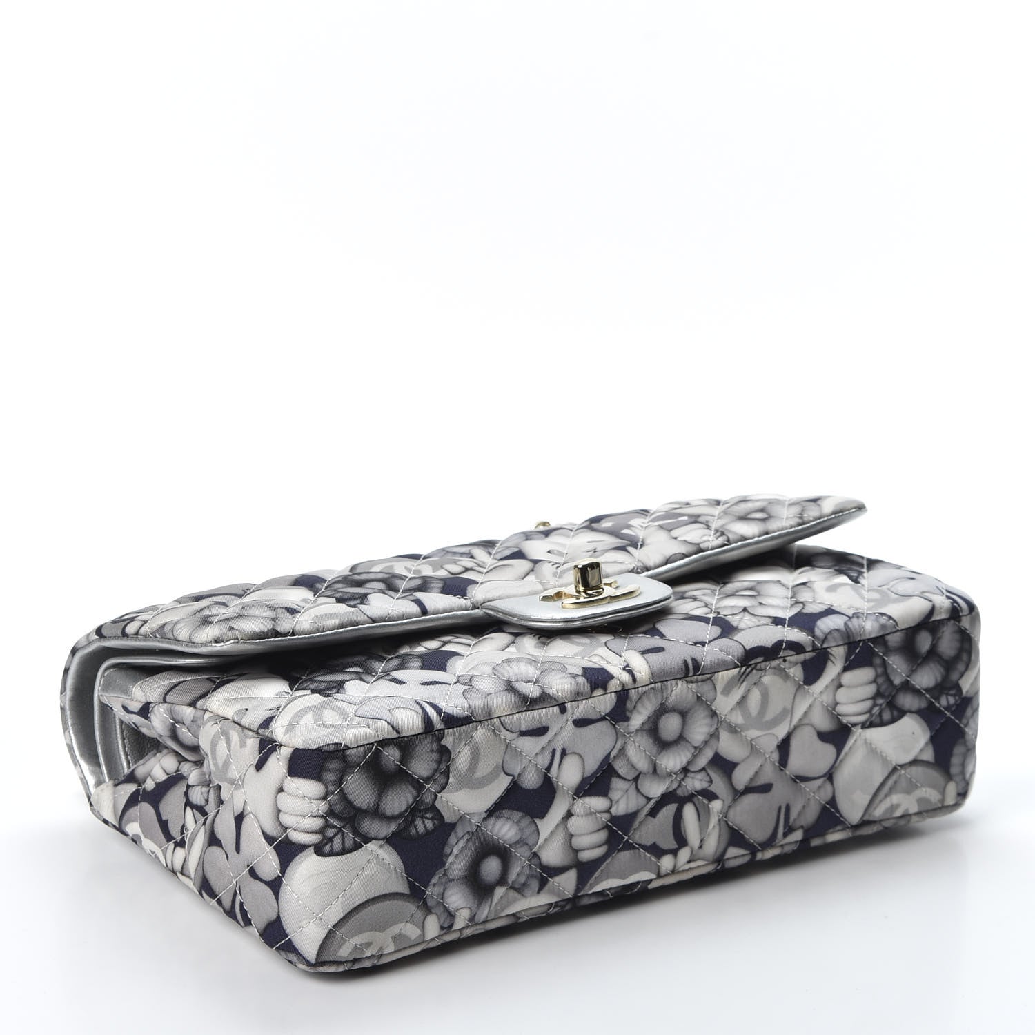 Chanel Nylon Quilted Medium Cat Emoticon Double Flap Navy Grey Ecru 3 of 10