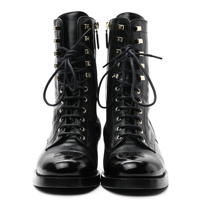 Chanel Crumpled Lambskin Shiny Calfskin Lace Up Combat Boots 40 Black 2 of 8