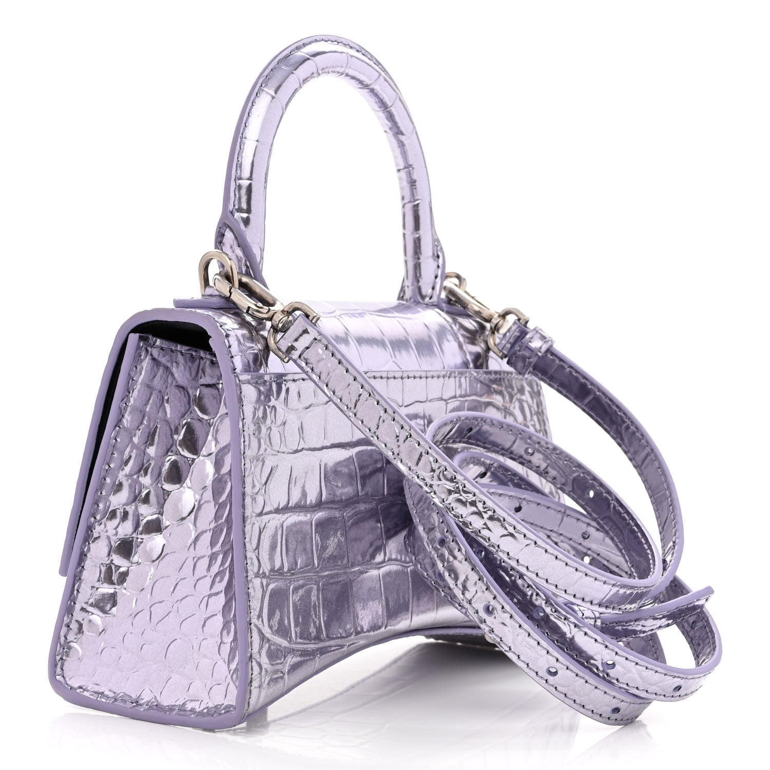 Balenciaga Metallic Calfskin Crocodile Embossed Hourglass Top Handle Bag XS Lilac 3 of 15