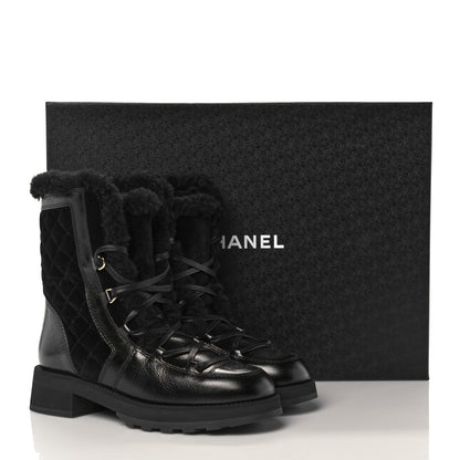 Chanel Shiny Crumpled Calfskin Shearling Lace Up Boots 39.5 Black 8 of 8
