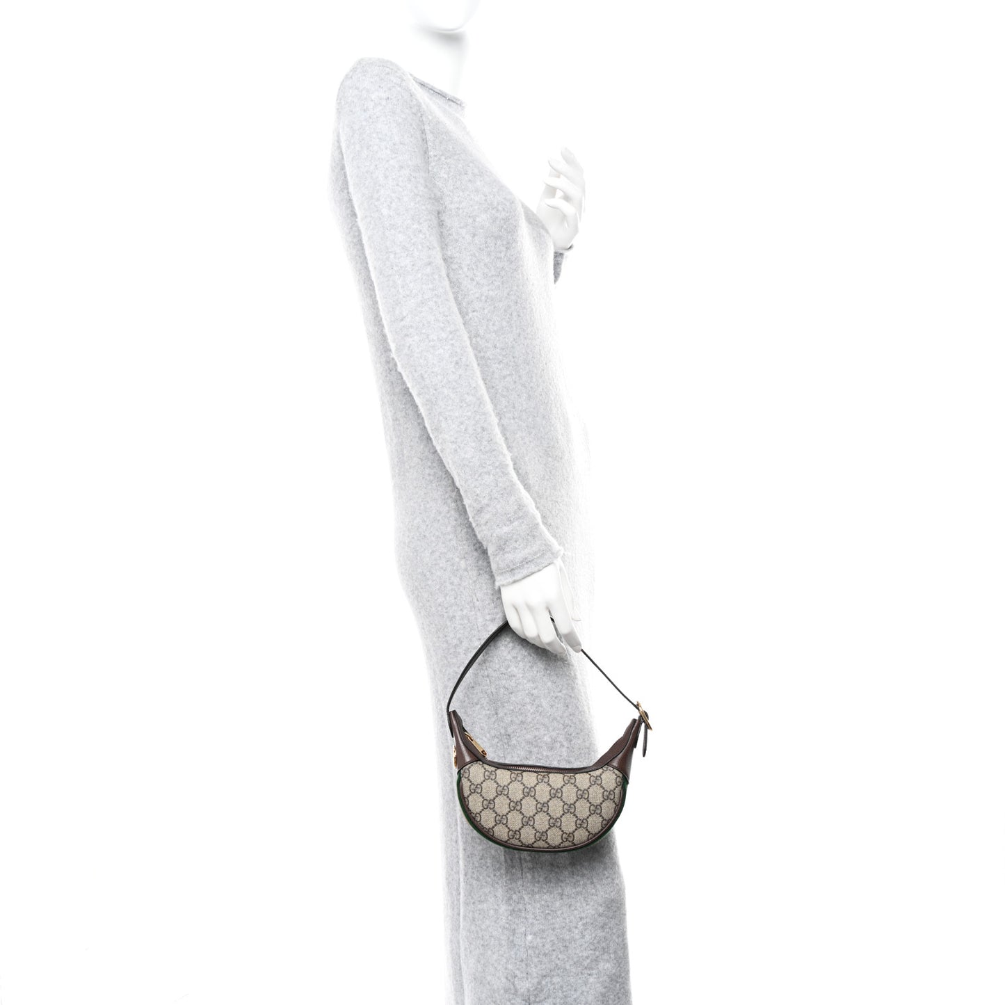 GG Supreme Monogram Textured Calfskin Web Mini Ophidia Half Moon Hobo Beige Ebony New Acero