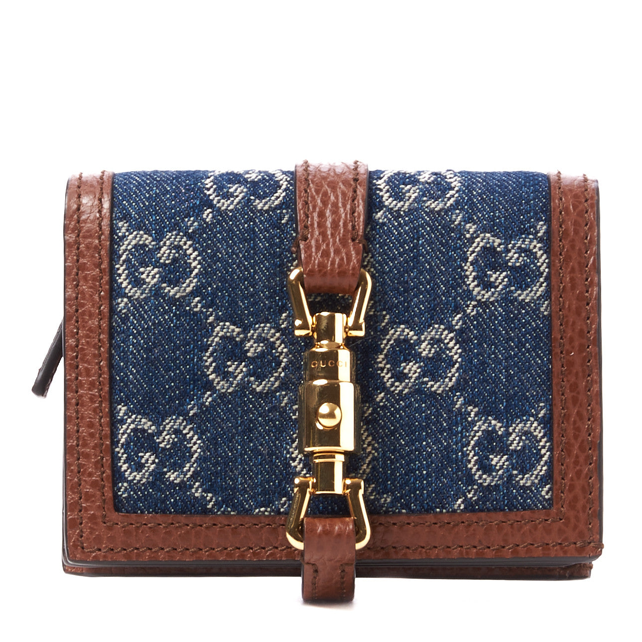 New Denim GG Monogram Jackie 1961 Card Case Blue Tea Cuir