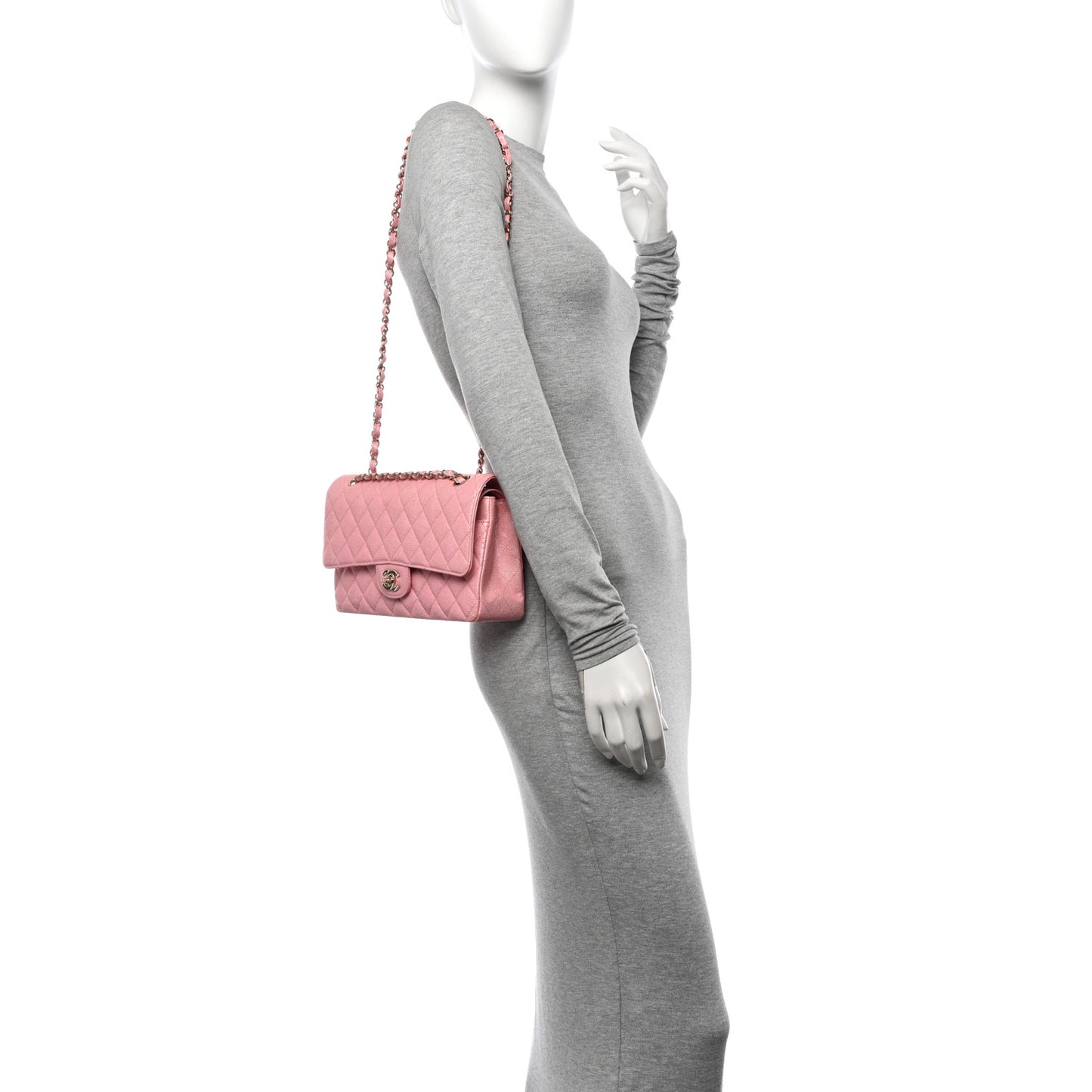 Iridescent Caviar Quilted Medium Double Flap Rose Pink