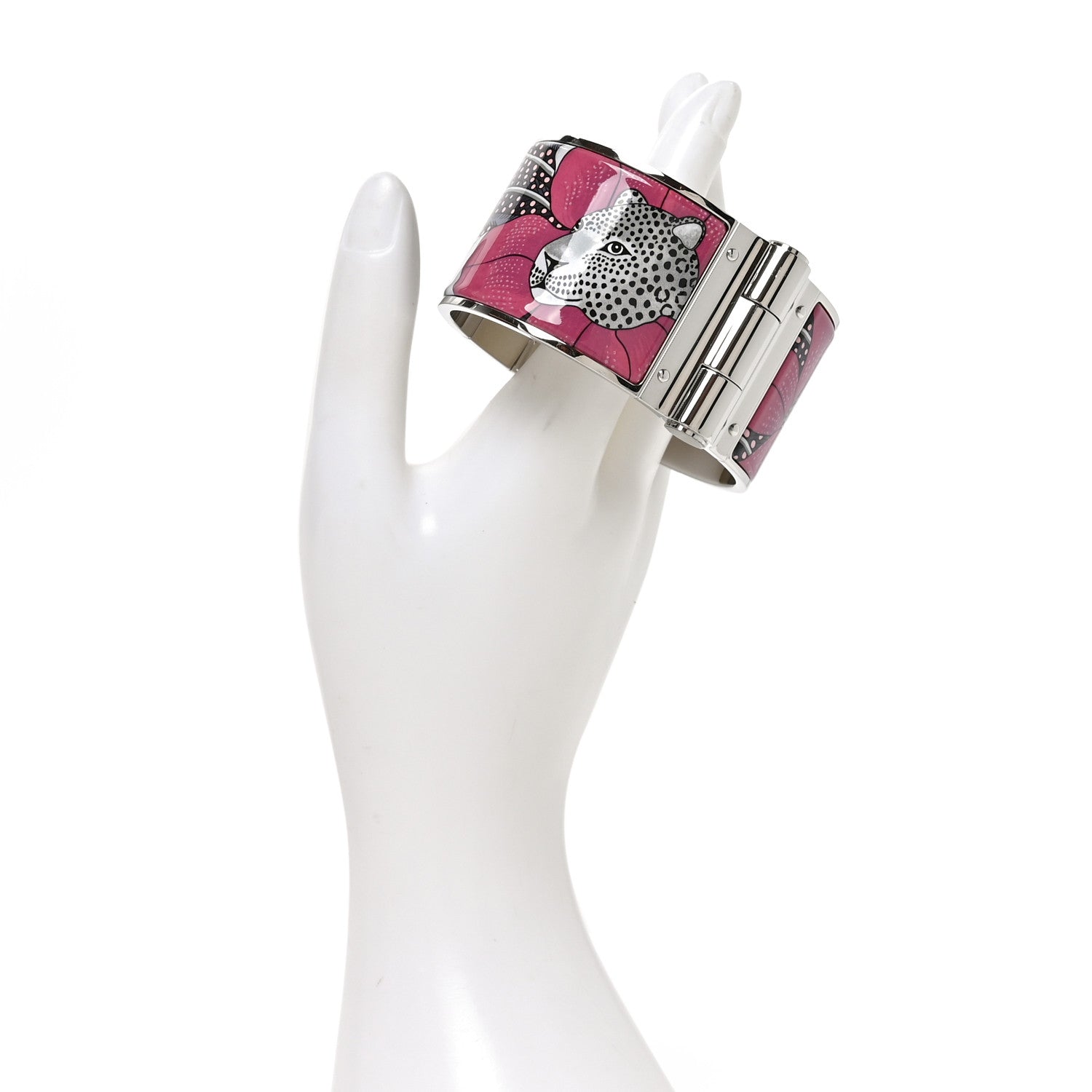Hermes Enamel Printed Extra Wide Charniere Baobab Cat Hinged Bracelet M Faux Gris 2 of 4