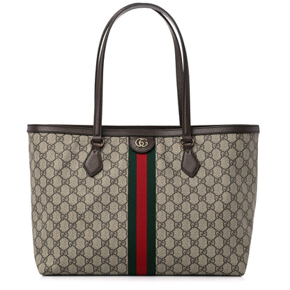 Gucci GG Supreme Monogram Textured Calfskin Web Medium Ophidia Shopping Tote Beige Ebony New Acero 1 of 9
