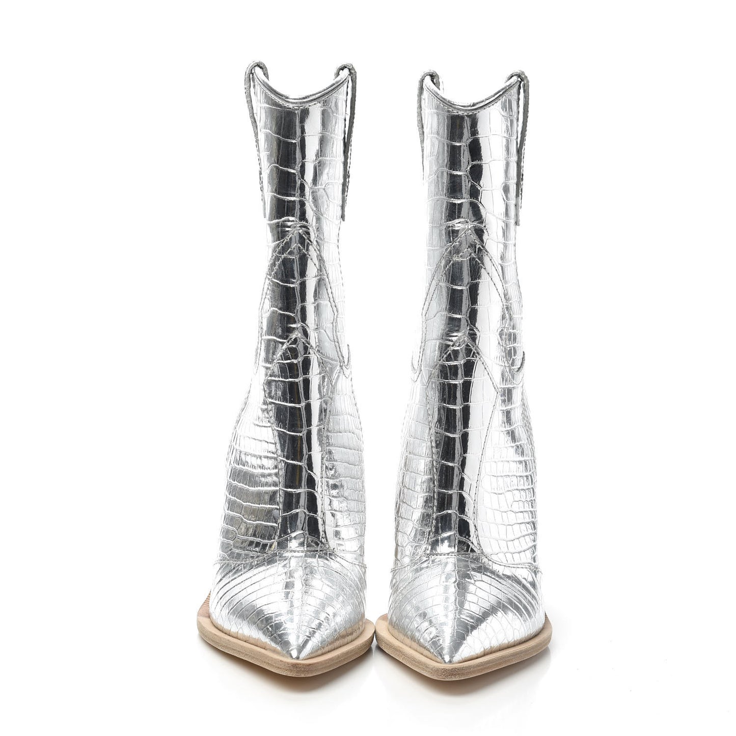Metallic Calfskin Crocodile Embossed Cutwalk Ankle Boots 38.5 Silver