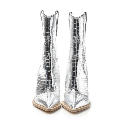 Fendi Metallic Calfskin Crocodile Embossed Cutwalk Ankle Boots 38.5 Silver 2 of 6