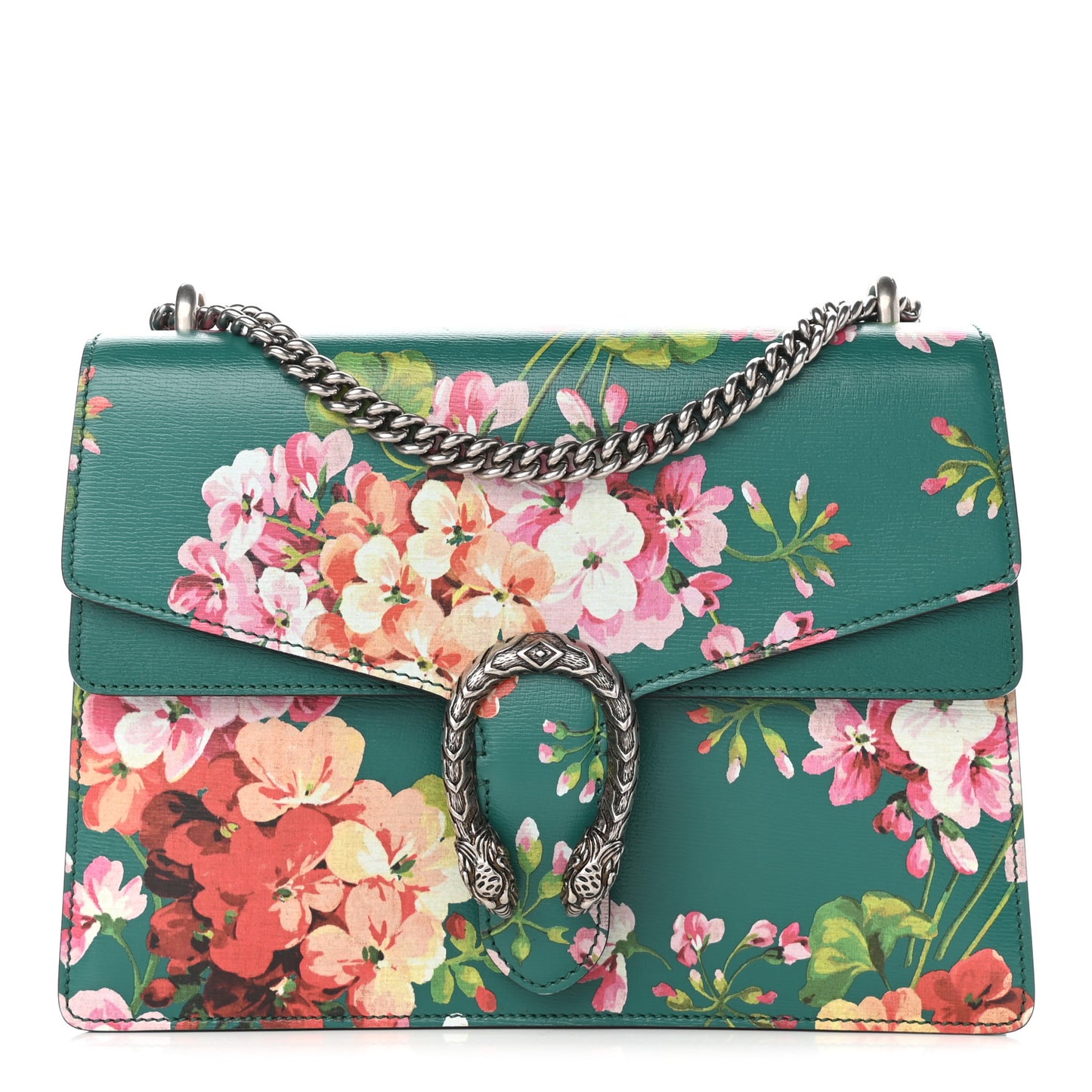 Calfskin Blooms Print Medium Dionysus Shoulder Bag Bright Emerald Multicolor