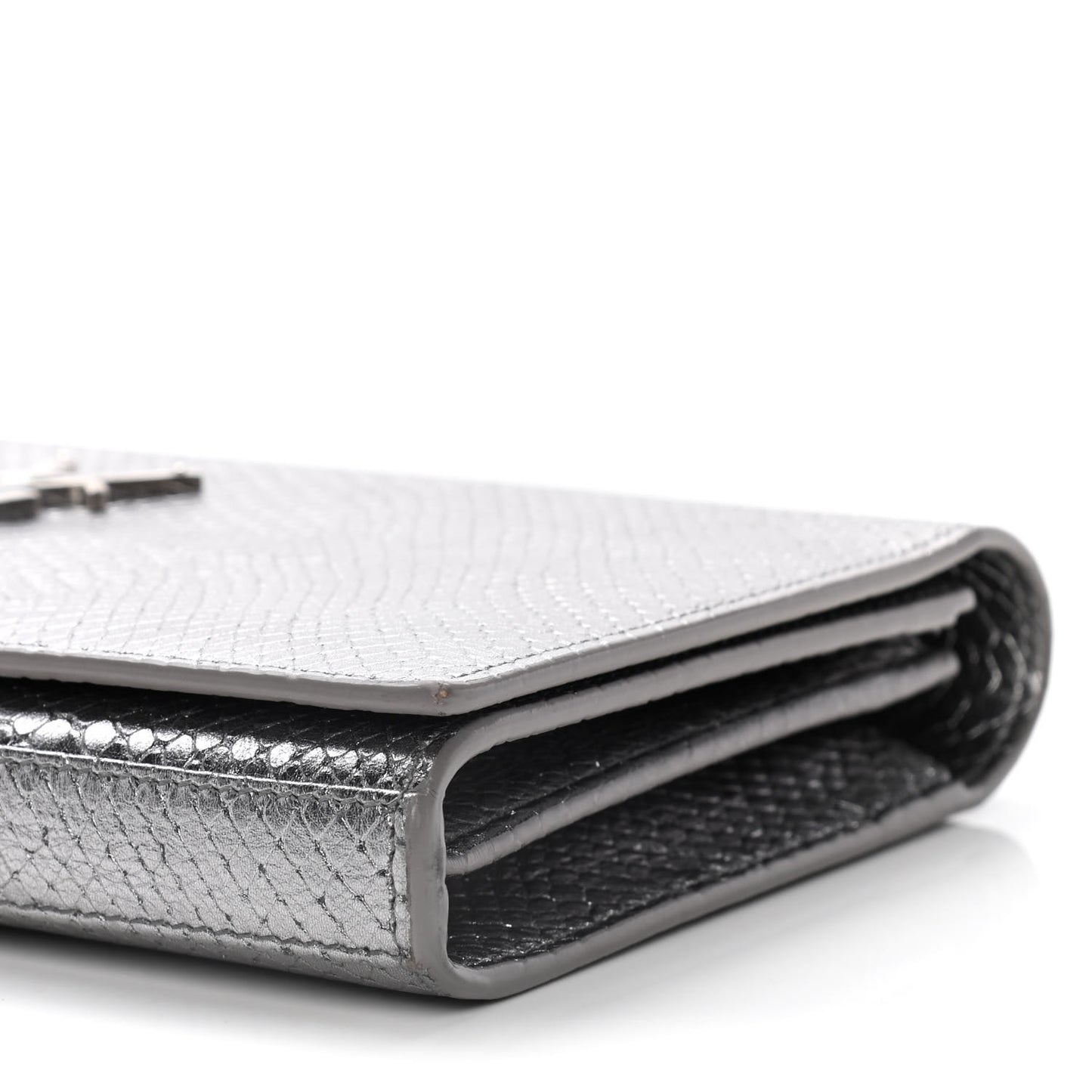 Metallic Calfskin Python Embossed Monogram Chain Wallet Silver