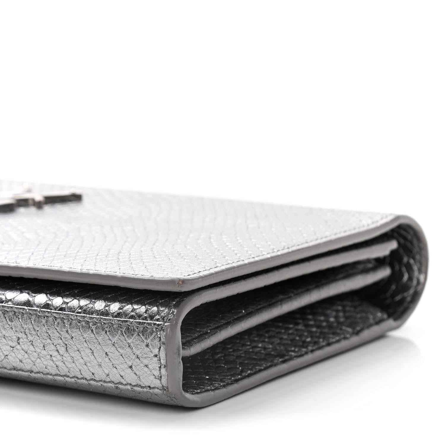 Saint Laurent Metallic Calfskin Python Embossed Monogram Chain Wallet Silver 10 of 17