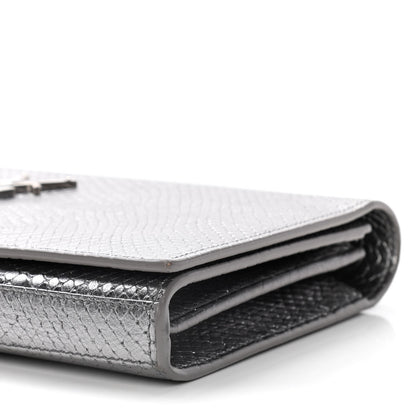 Saint Laurent Metallic Calfskin Python Embossed Monogram Chain Wallet Silver 10 of 17