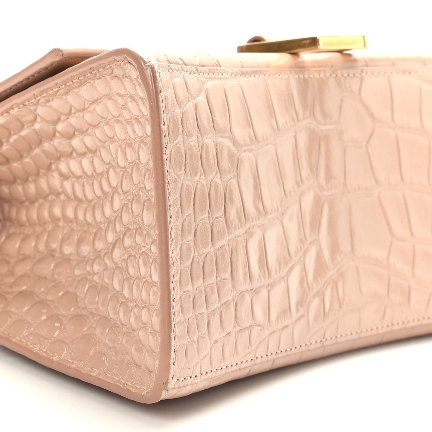 Shiny Calfskin Crocodile Embossed Small Hourglass Top Handle Bag Nude Beige