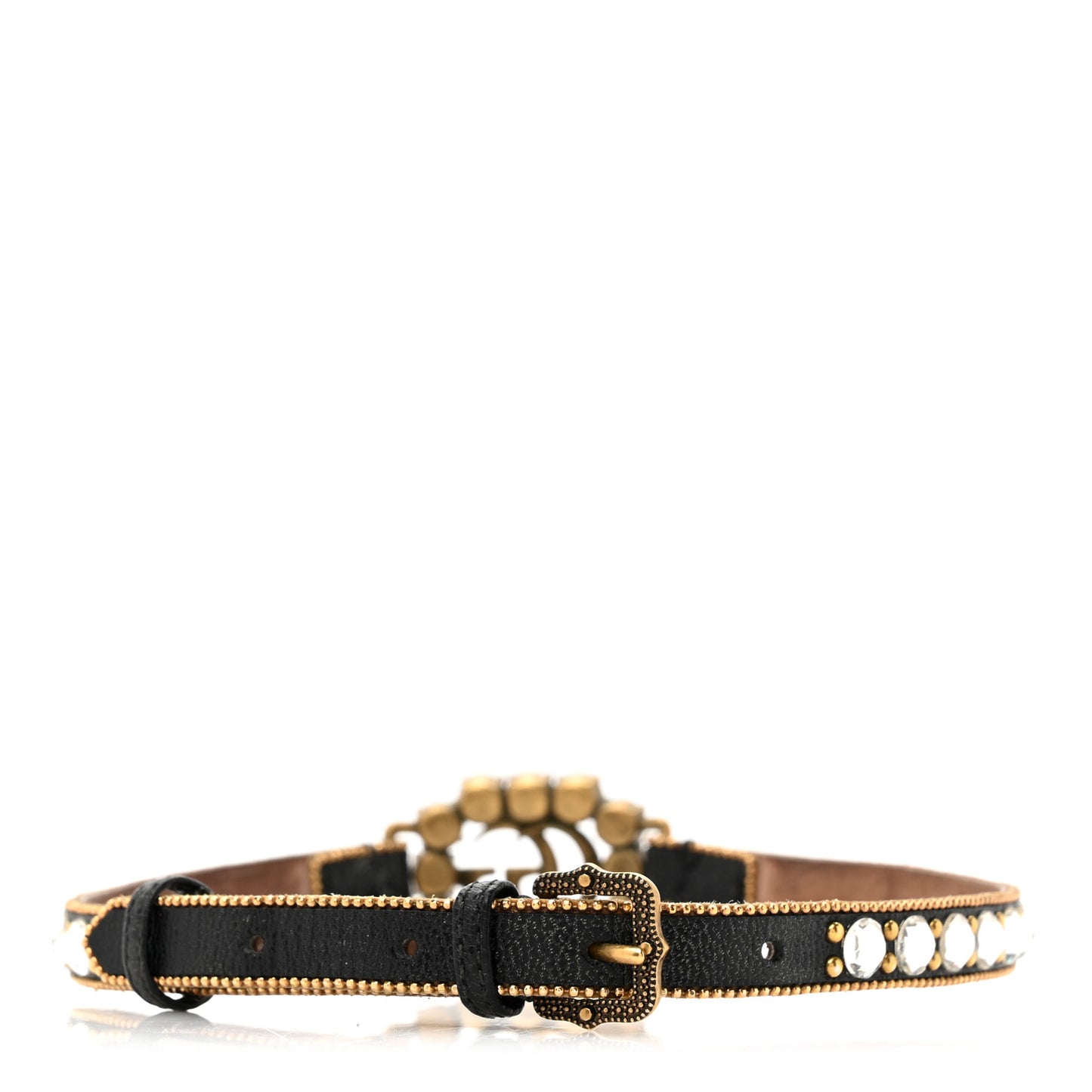 Calfskin Crystal Embellished Double G Choker Necklace Black