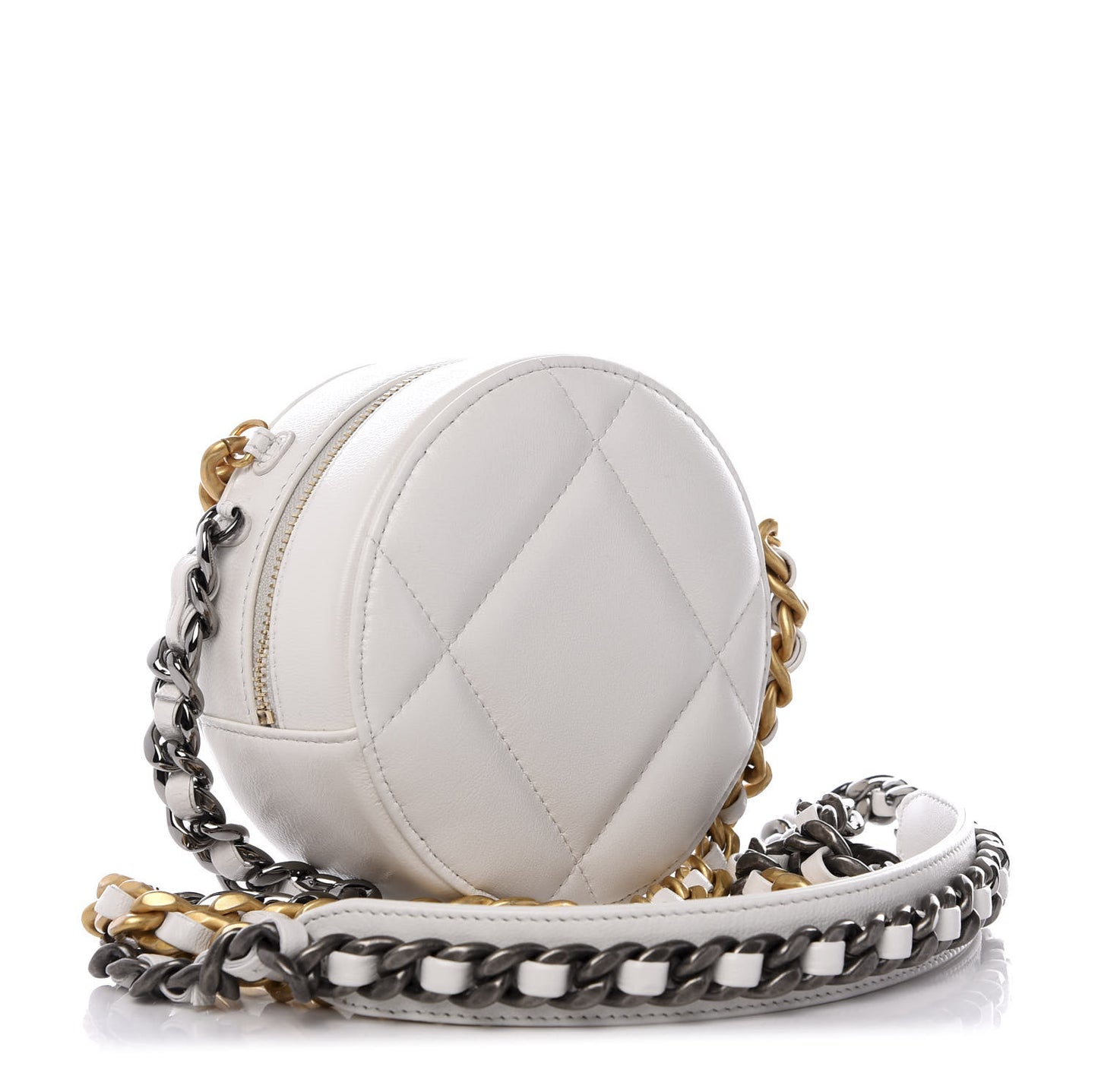 Goatskin Quilted 19 Round Clutch With Chain White