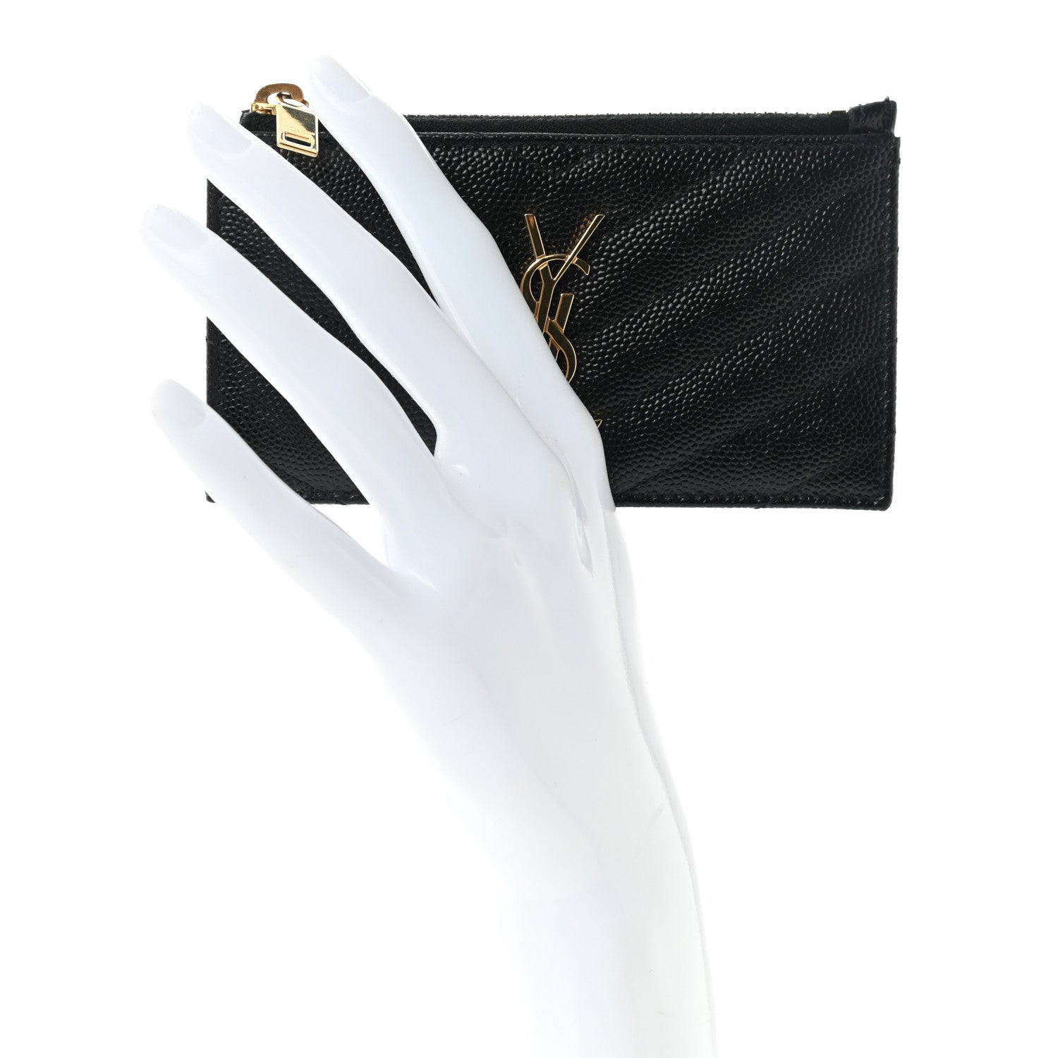 Saint Laurent Grain De Poudre Matelasse Chevron Monogram Fragments Zippered Card Case Black 2 of 8