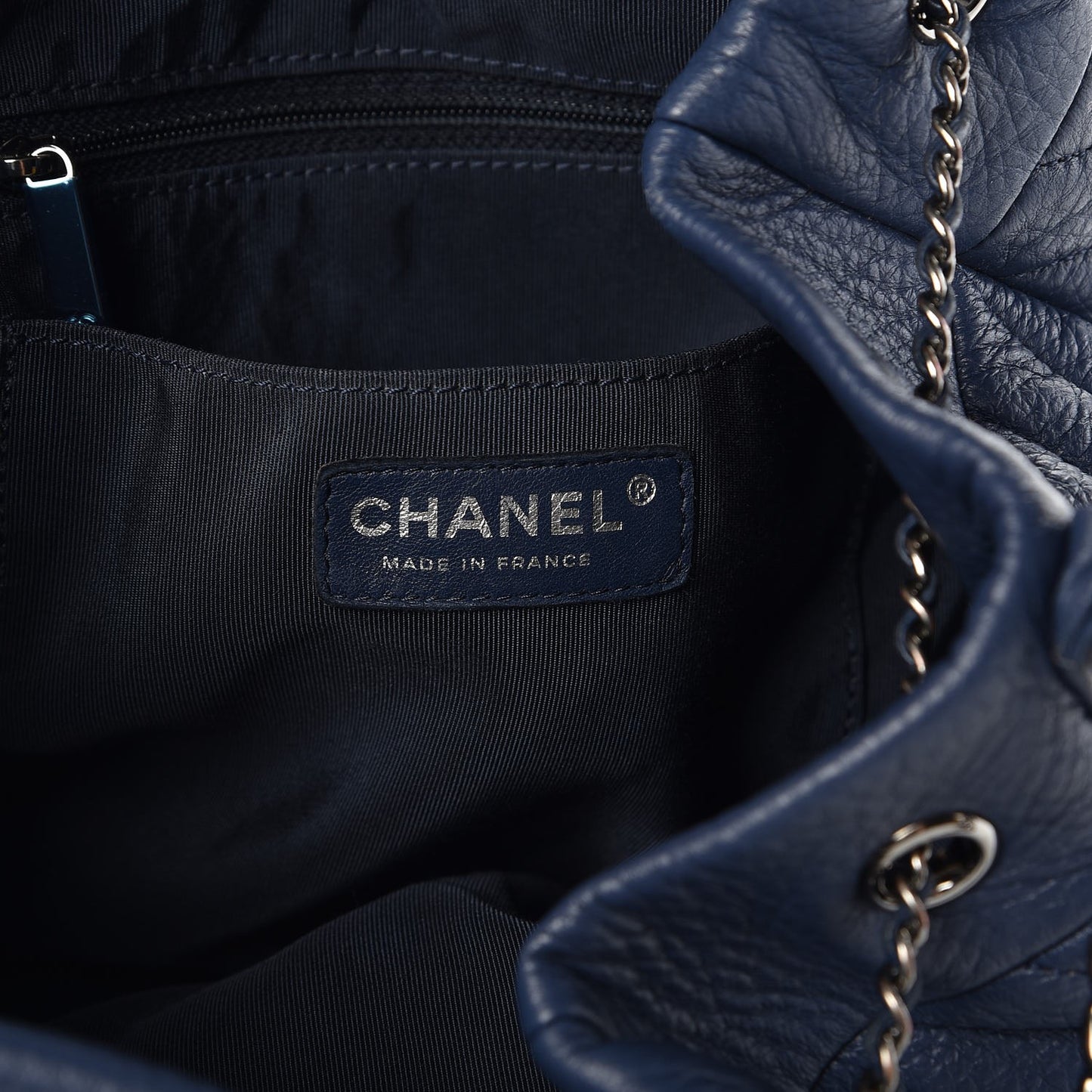 Deerskin Chevron Medium CC Chain Bucket Drawstring Bag Navy Blue