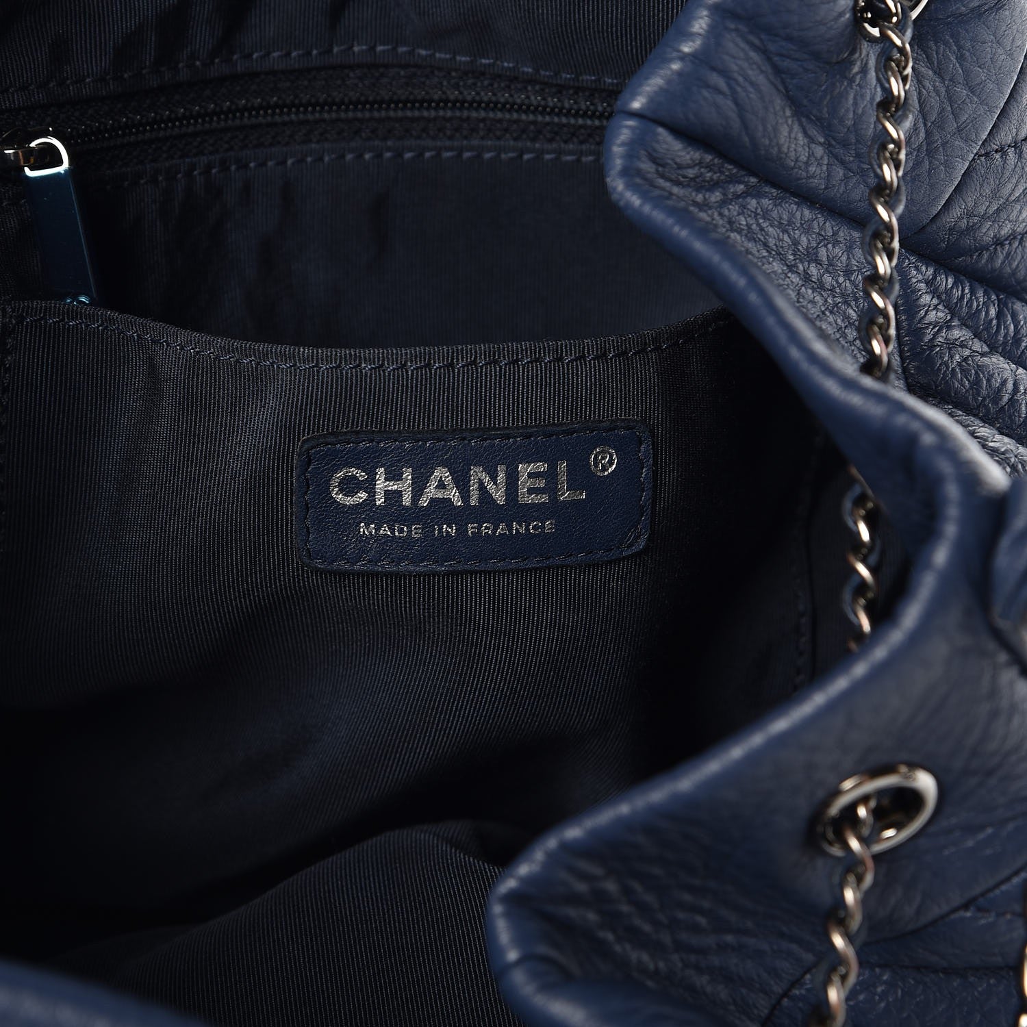 Chanel Deerskin Chevron Medium CC Chain Bucket Drawstring Bag Navy Blue 6 of 9