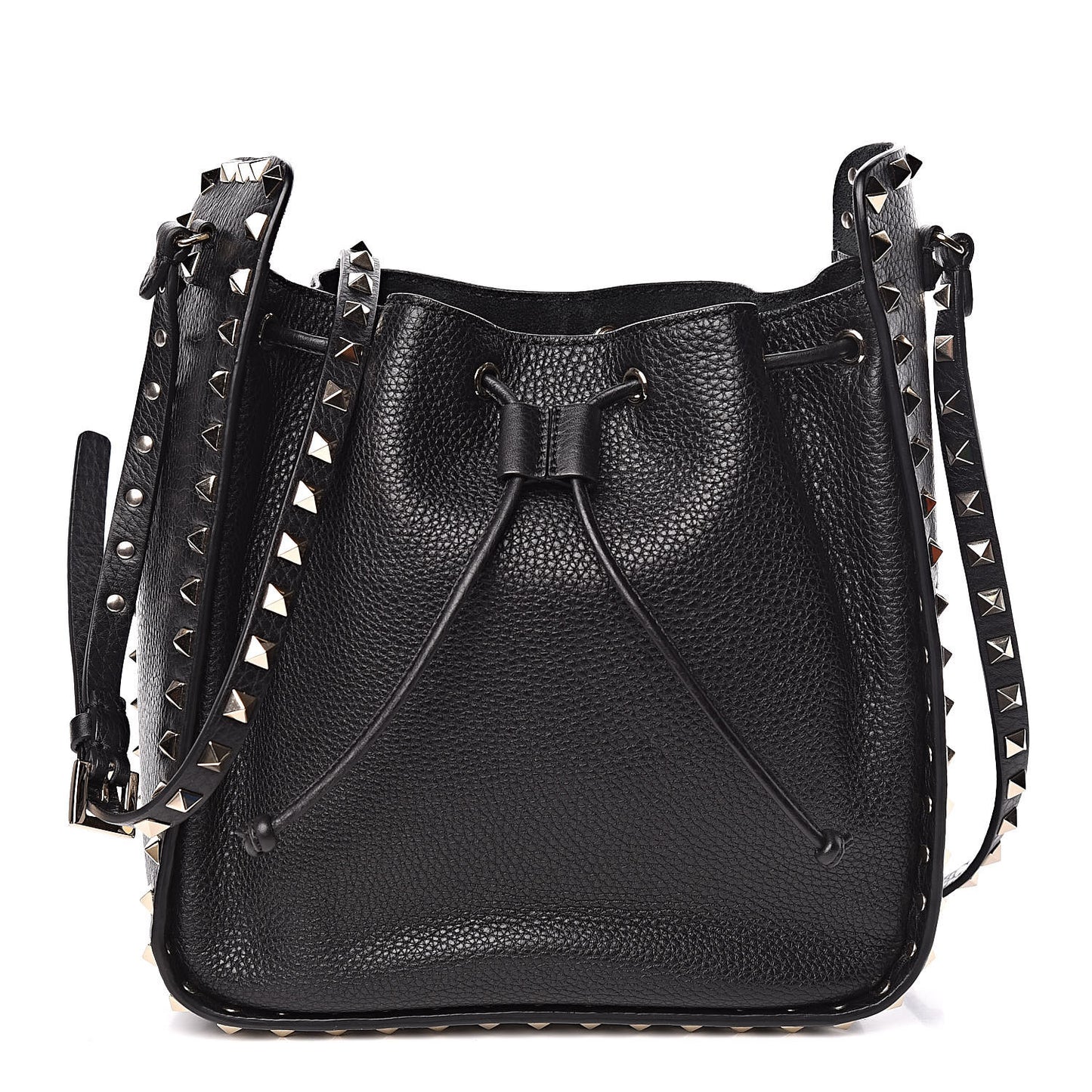 Grained Calfskin Rockstud Bucket Bag Black