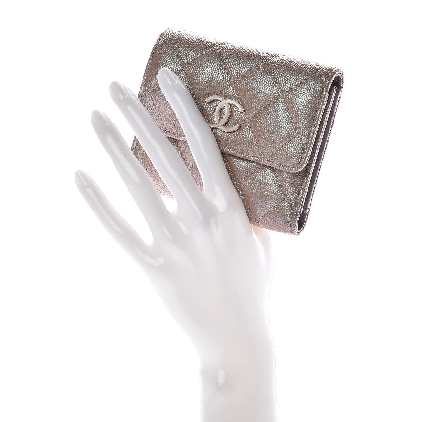 Iridescent Caviar Quilted Small Flap Wallet Beige