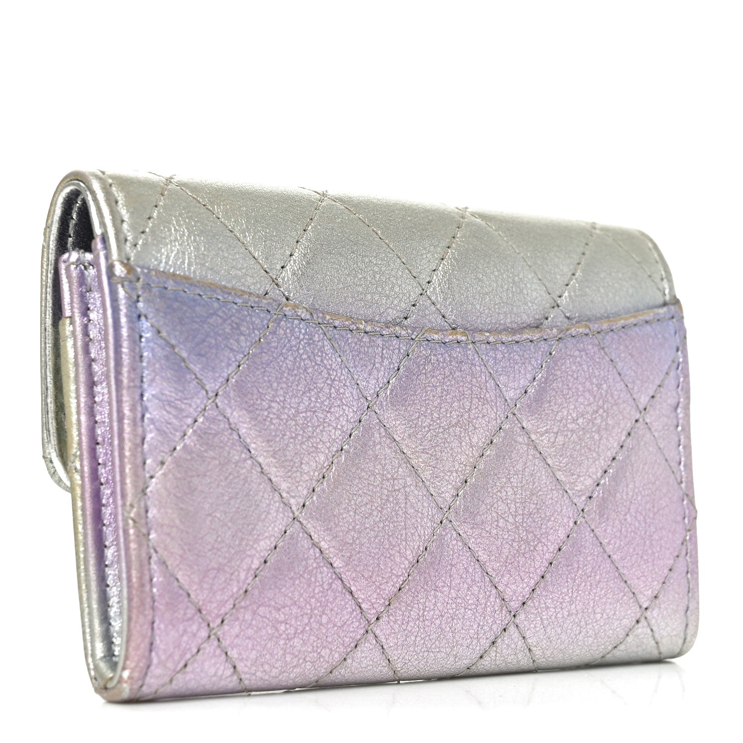 Chanel Gradient Metallic Calfskin Quilted Flap Card Holder Wallet Silver Blue Yellow Purple 3 of 8