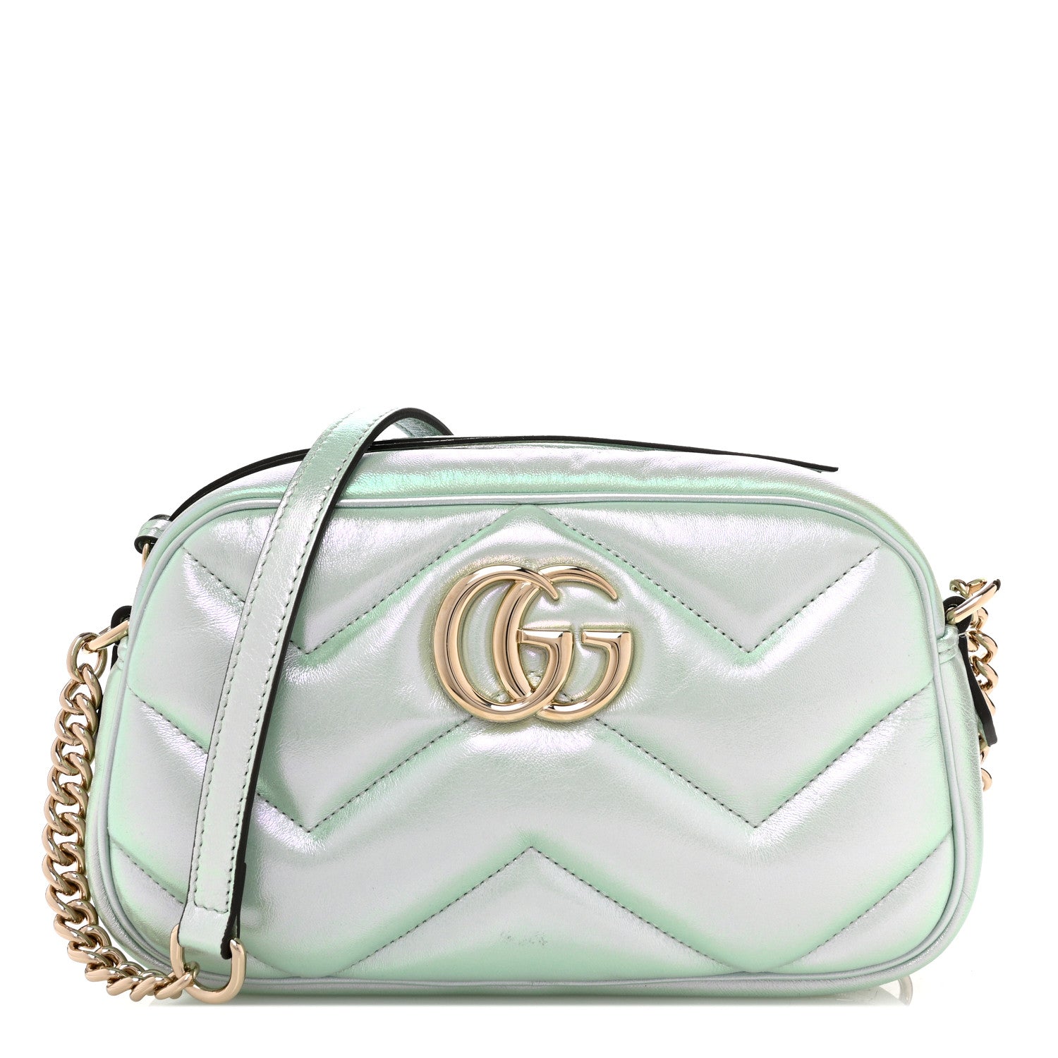 Gucci Iridescent Nappa Chevron Matelasse Small GG Marmont Chain Shoulder Bag Iridescent Salvy Green 1 of 10