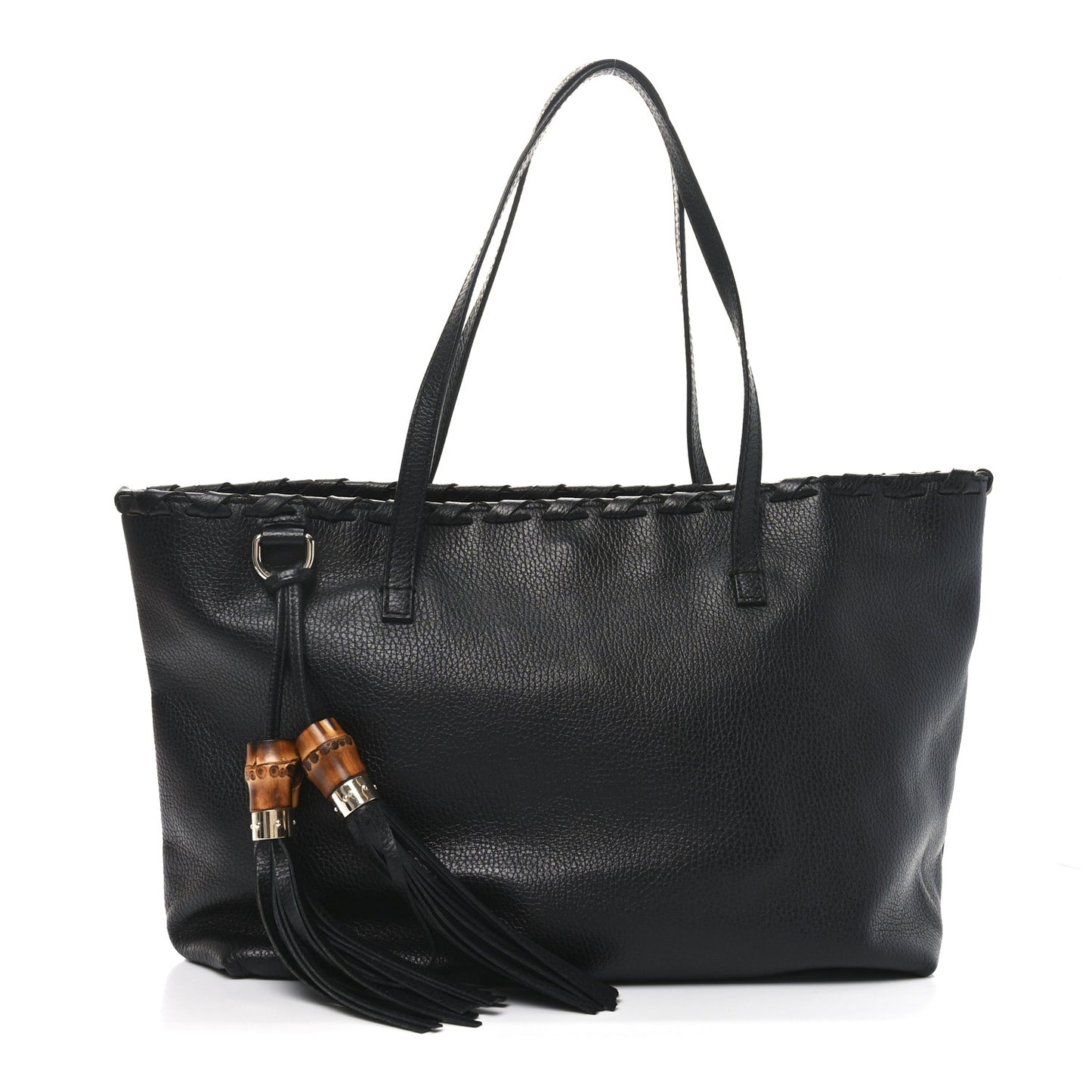 Pebbled Calfskin Bamboo Tassel Tote Black