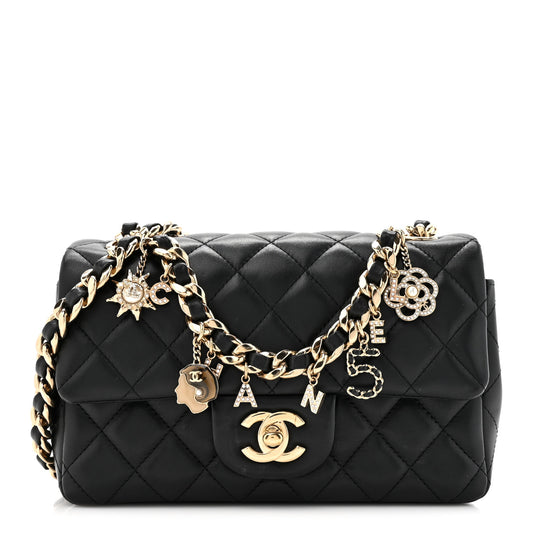 Lambskin Quilted Mini Coco Charms Rectangular Flap Black