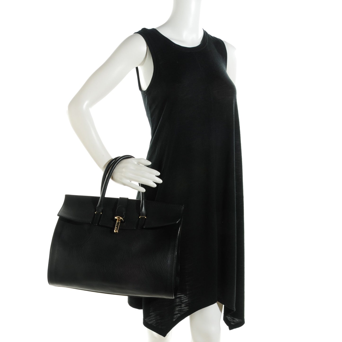 Grained Calfskin M Tube Round Tote Black