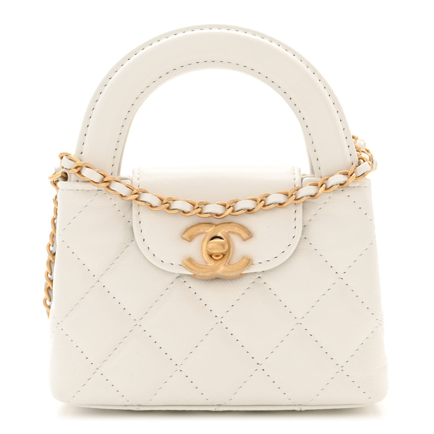Shiny Aged Calfskin Quilted Mini Nano Kelly Shopper White