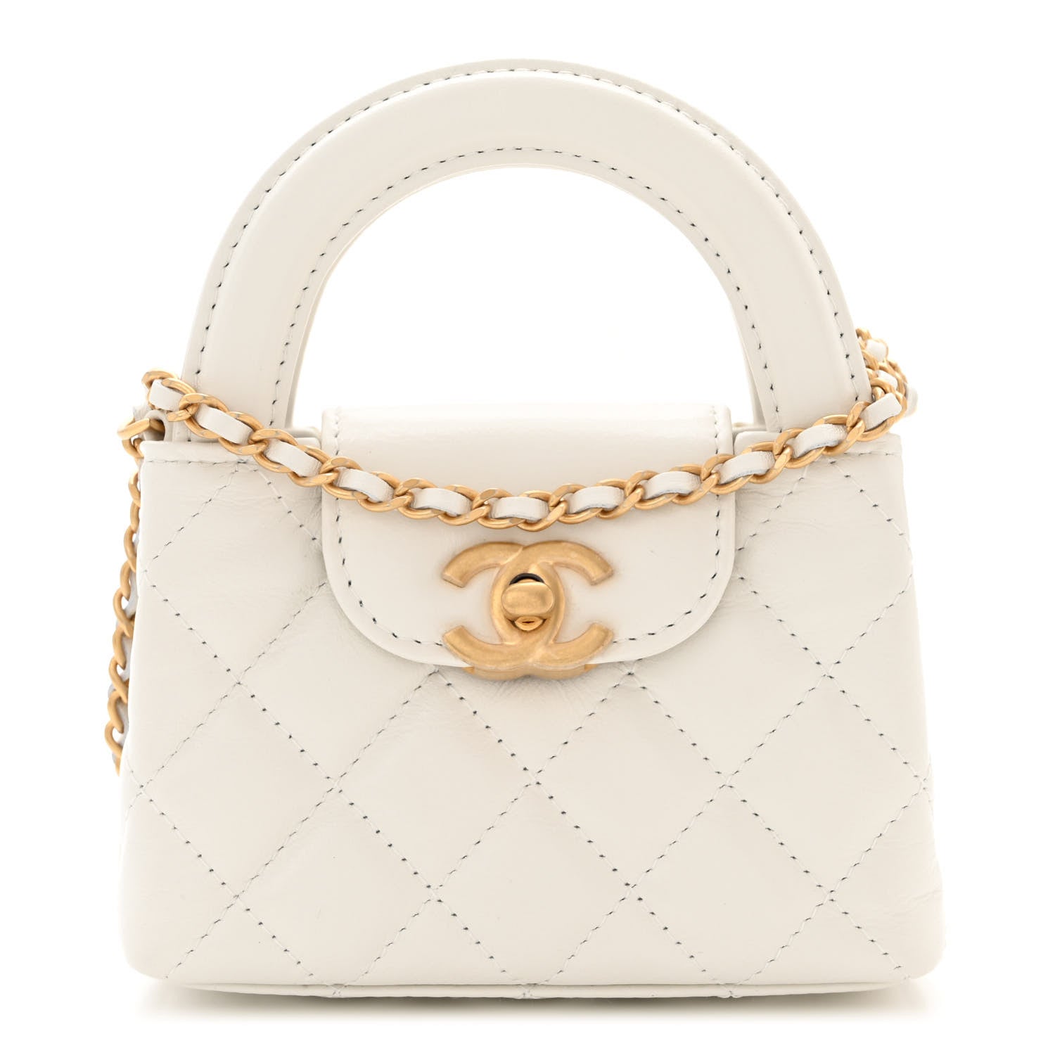 Chanel Shiny Aged Calfskin Quilted Mini Nano Kelly Shopper White 1 of 11