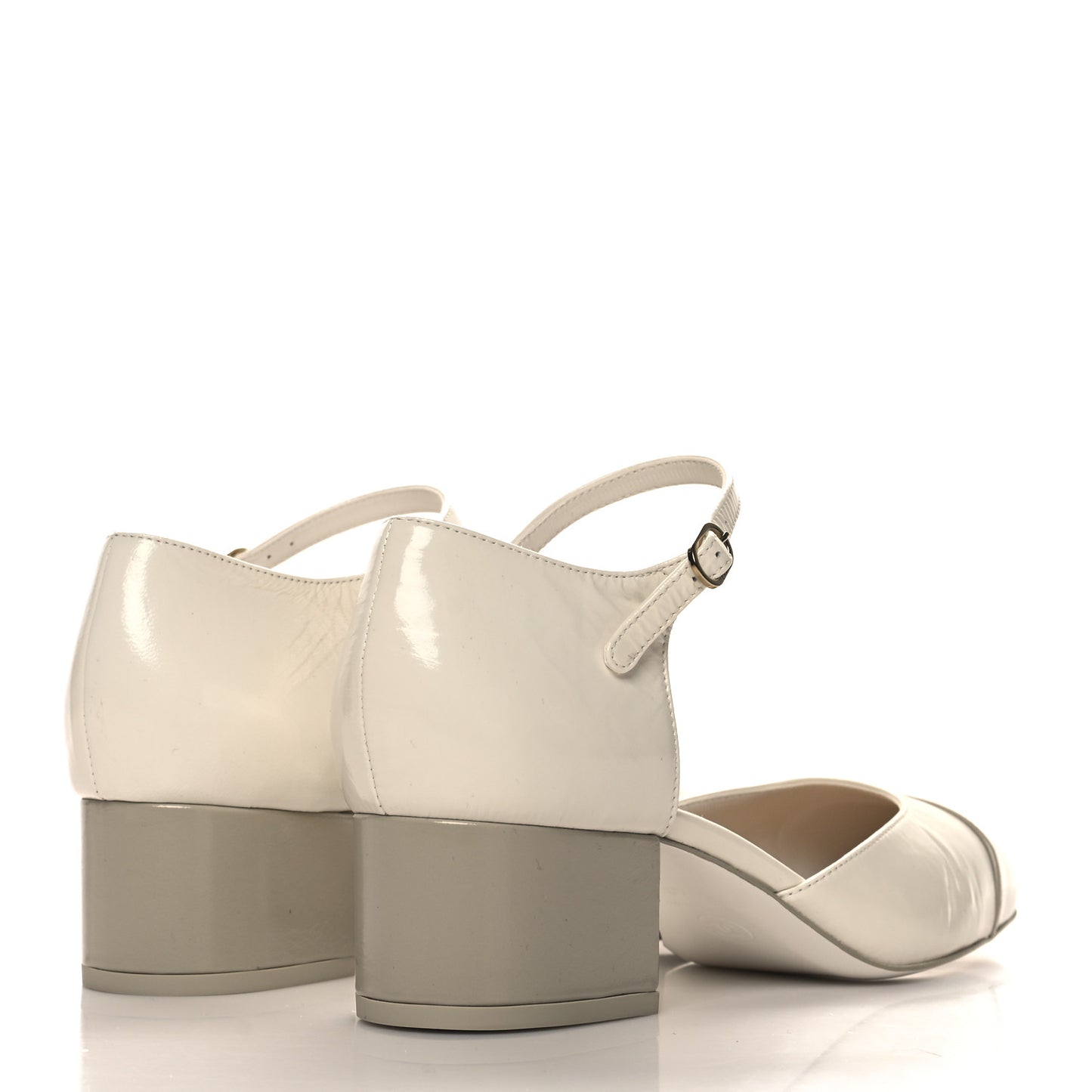 Shiny Lambskin CC Cap Toe Mary Janes Pumps 40 White Light Beige