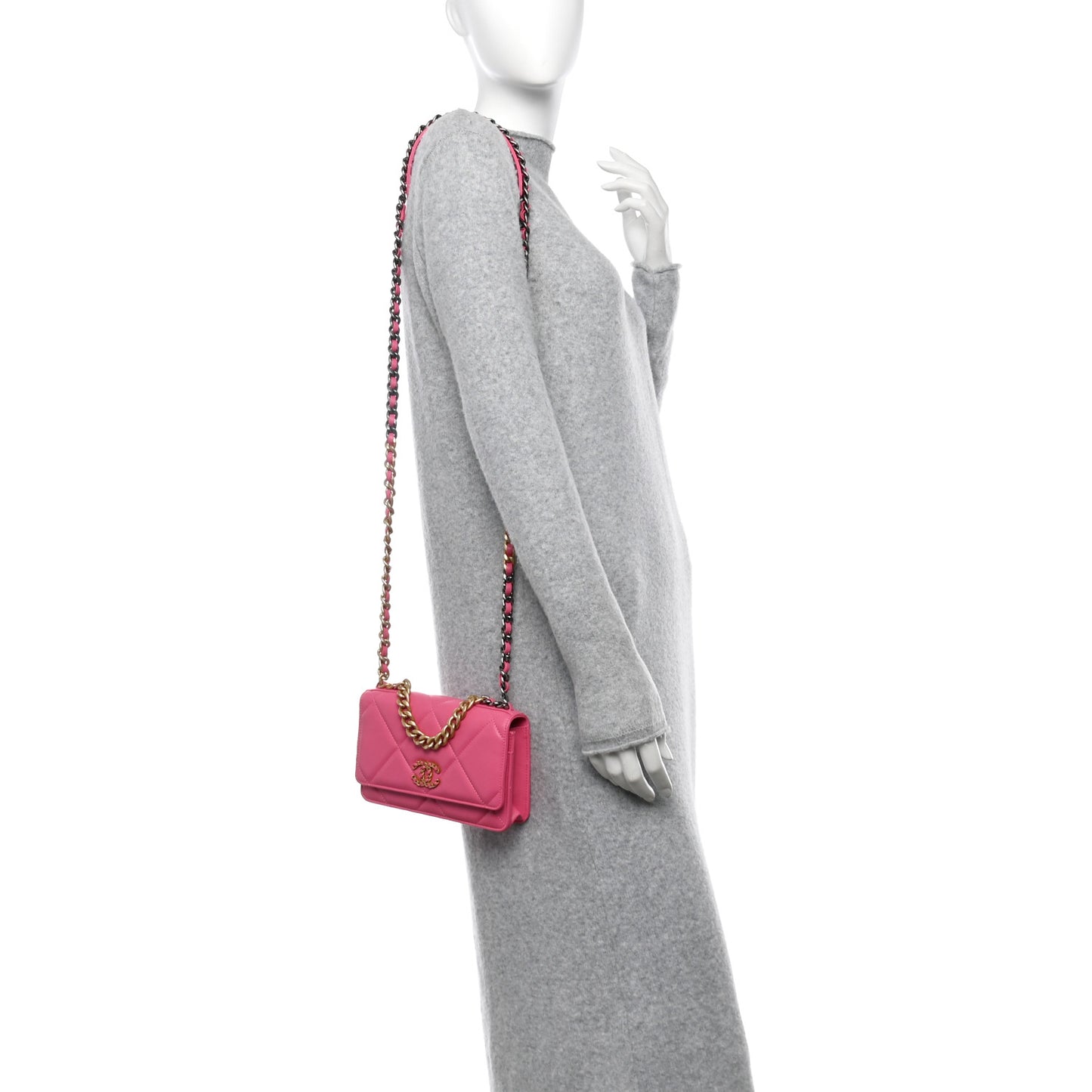 Lambskin Quilted Chanel 19 Wallet On Chain WOC Dark Pink