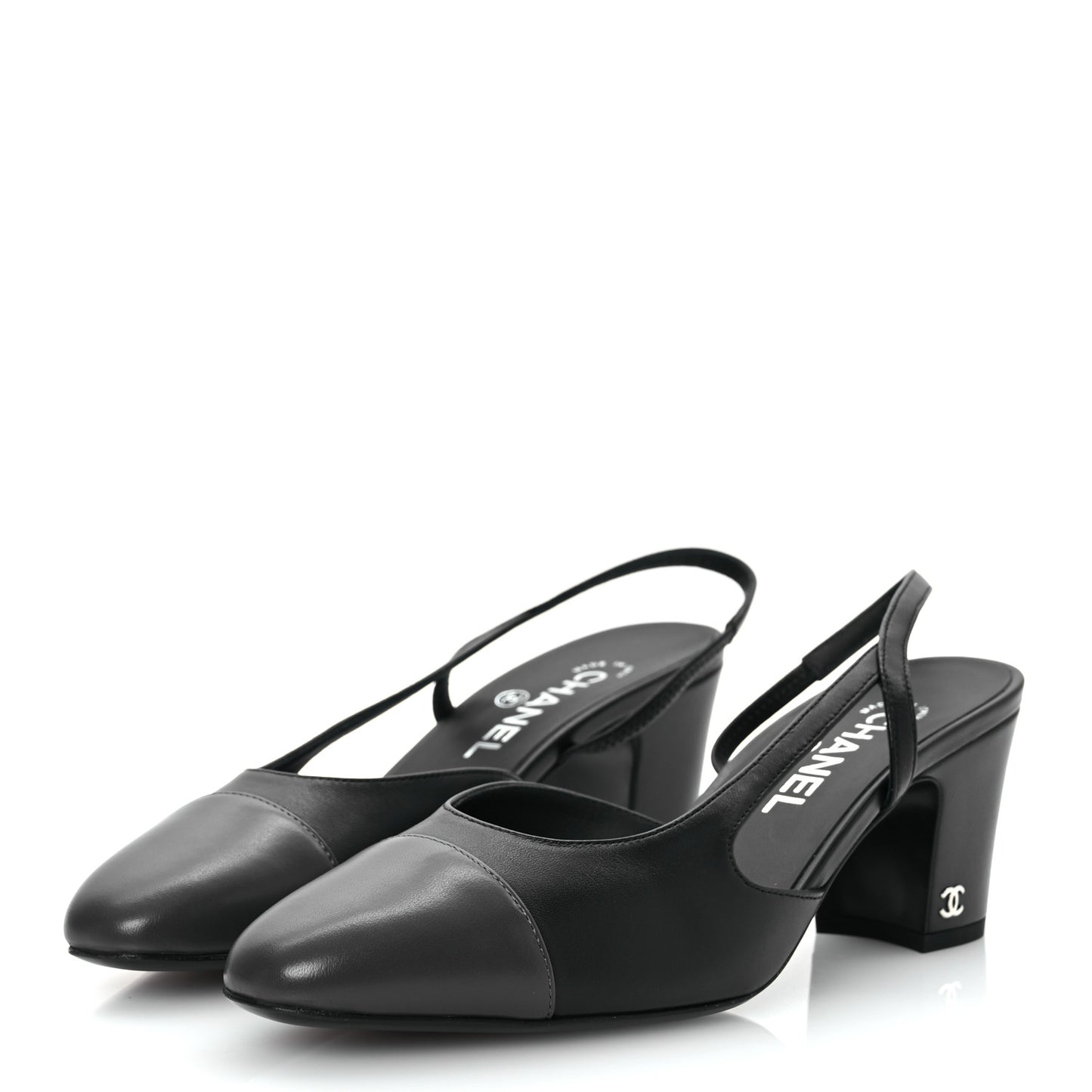 Lambskin Cap Toe CC Slingback Sandals 39.5 Black Dark Grey