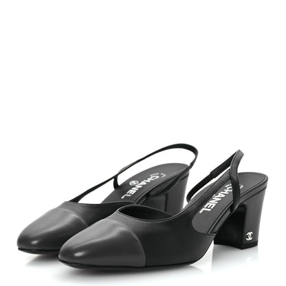 Chanel Lambskin Cap Toe CC Slingback Sandals 39.5 Black Dark Grey 4 of 13