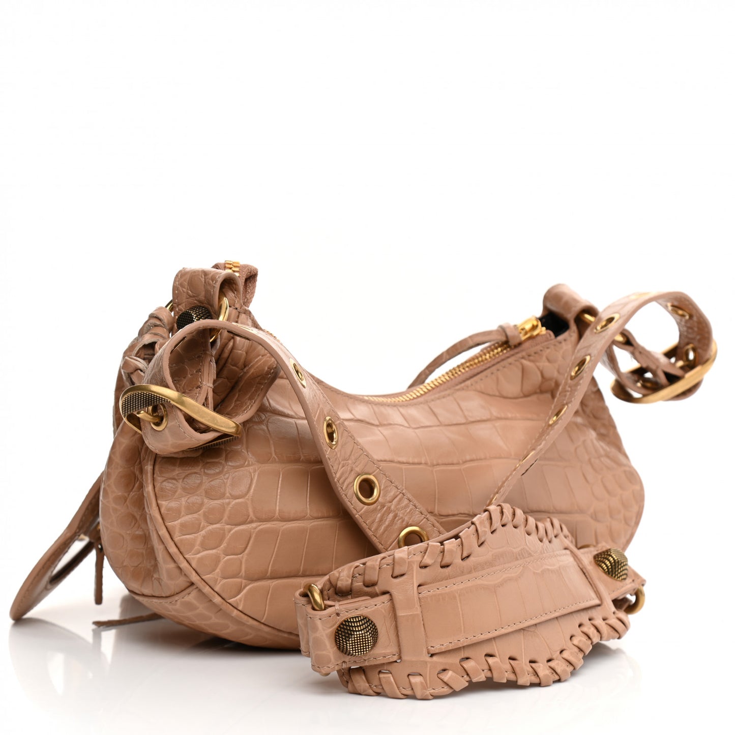 Extra Supple Calfskin Crocodile Embossed Le Cagole Shoulder Bag XS Nude Beige