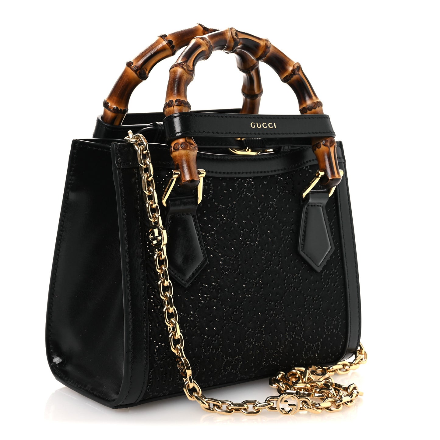 New Canvas Charisma Calfskin Crystal GG Monogram Mini Diana Tote Black