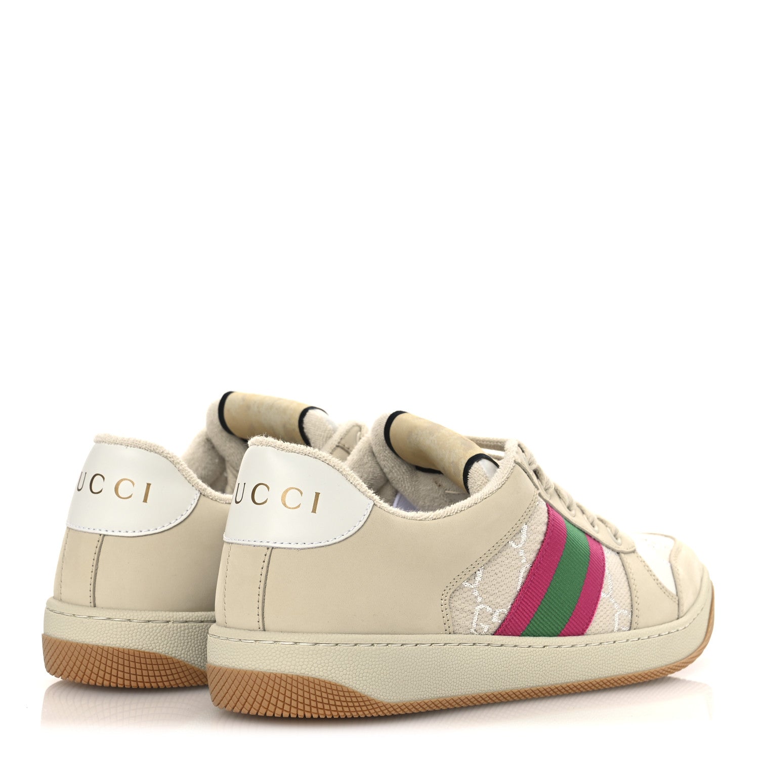 Gucci Calfskin Lame GG Monogram Web Womens Screener Sneakers 39 Gardenia Silver Dusty Milk White 5 of 14