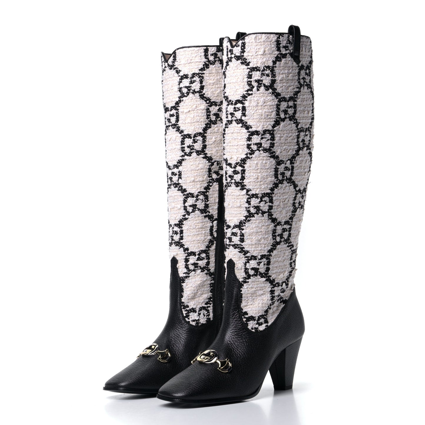 Tweed GG Monogram Wrinkled Kid Zumi Knee Boots 37 Natural Black