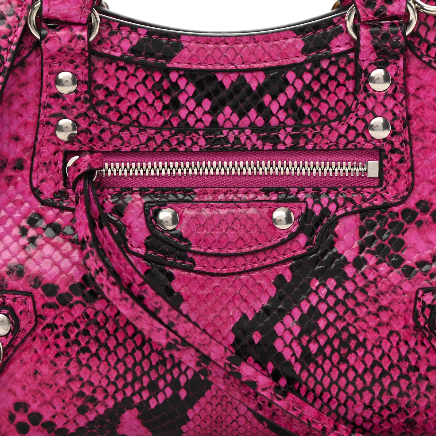 Balenciaga Calfskin Python Effect Neo Classic Silver Hardware Mini City Fuchsia Black 9 of 11